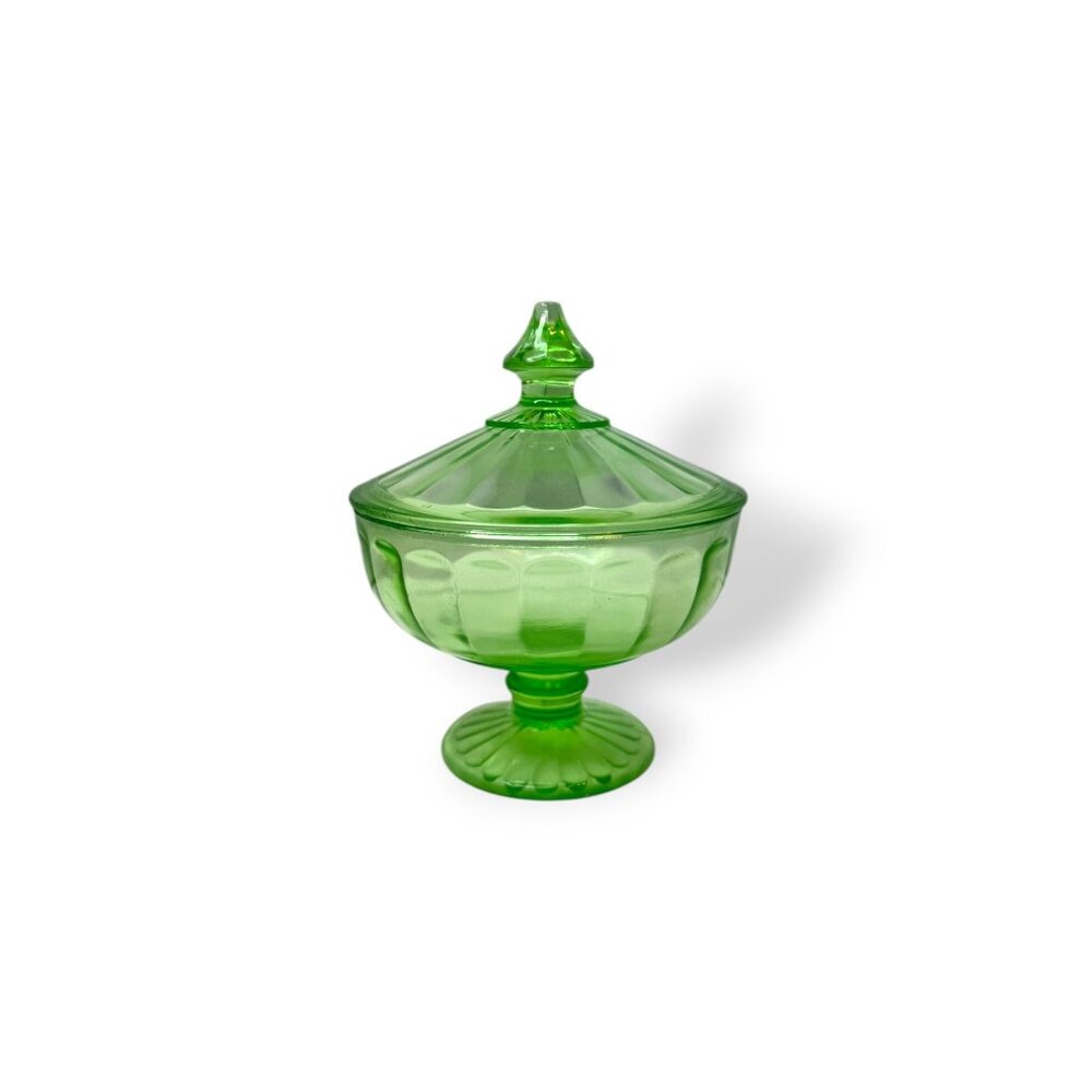 Depression Era Uranium Glass Compote Candy Dish Glows Under Blacklight - Picture 2 of 16